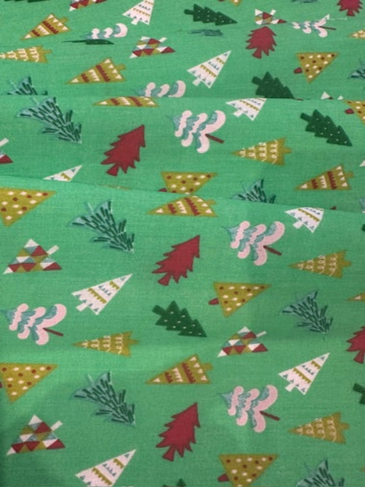 Multicolour Xmas Trees on Lime Poly/Cotton
