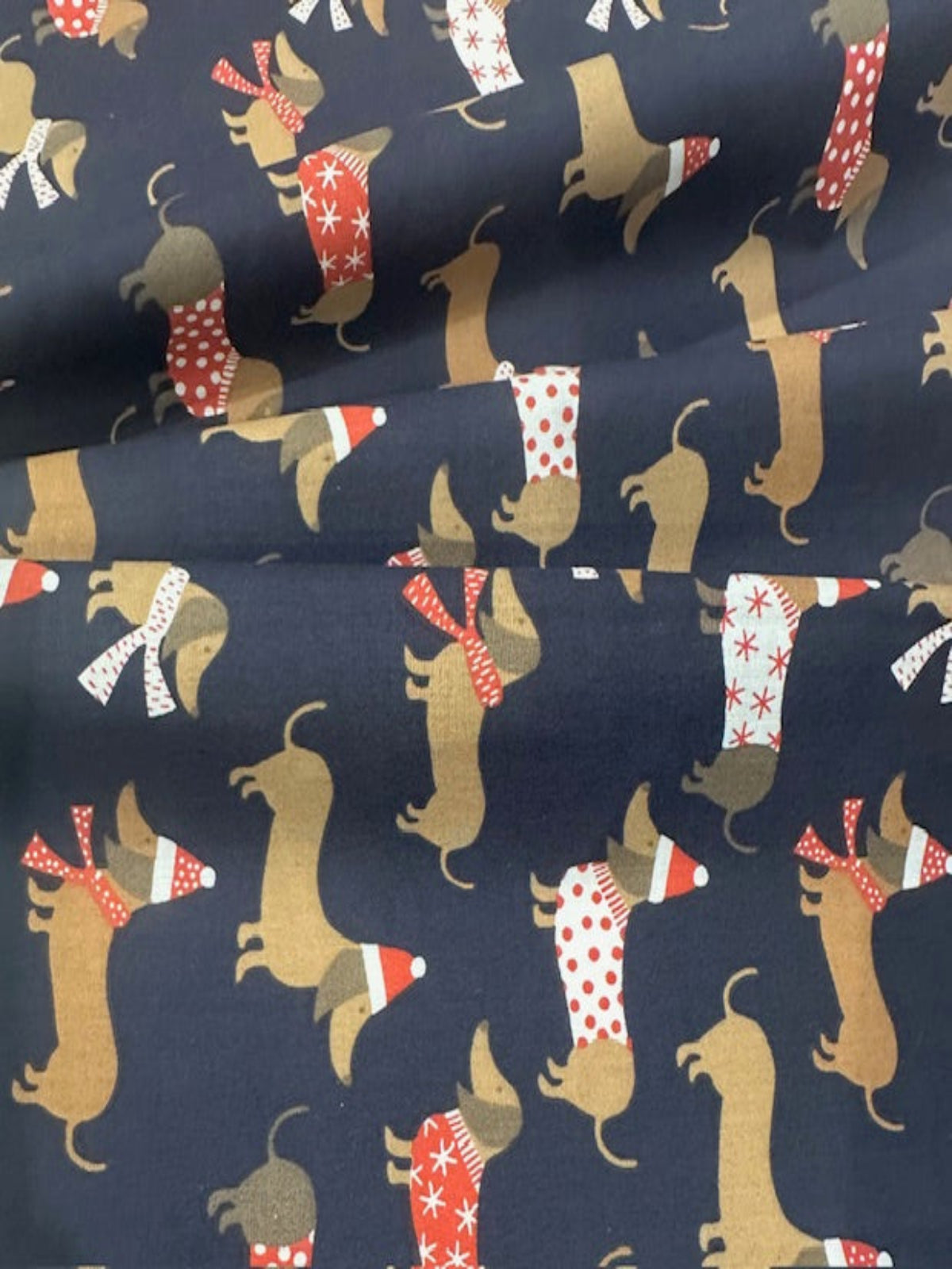 Christmas Dachshunds on Navy Poly/Cotton