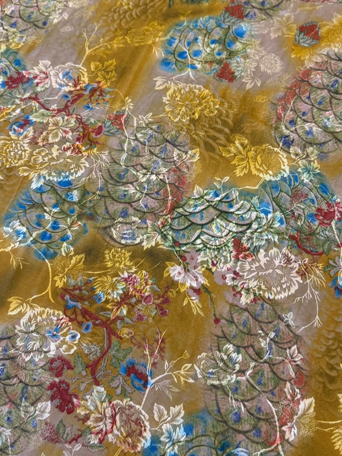 Floral Multicoloured Polyester Satin Fabric on Gold - 140cm Wide