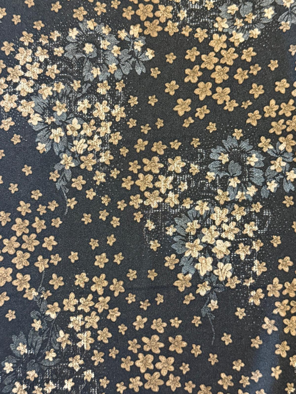 Black & Gold Floral Satin Fabric – 100% Polyester, 140cm Wide
