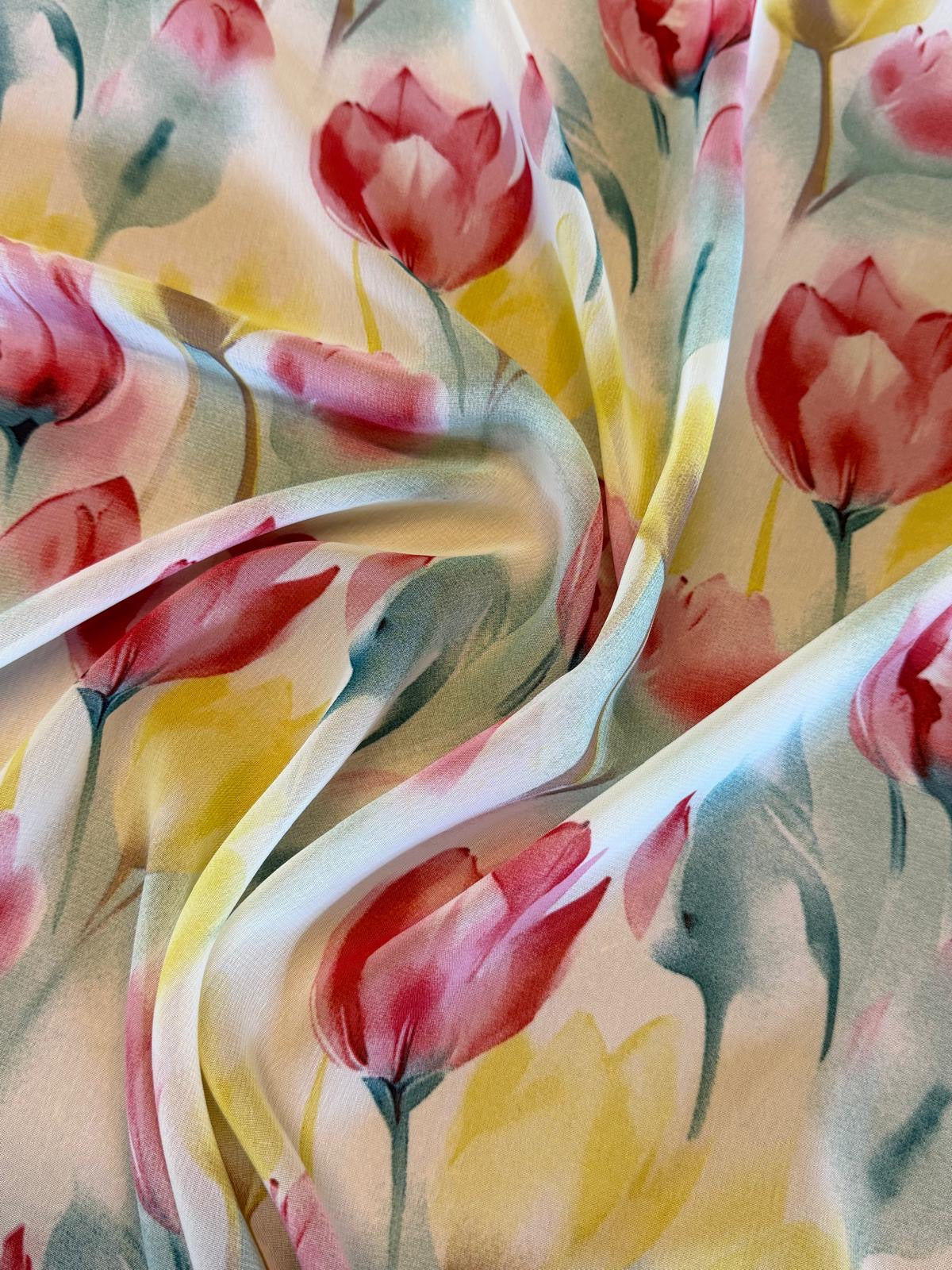 Ivory Pastel Floral Printed Chiffon Fabric | Silky Summerwear & Occasion Wear Fabric