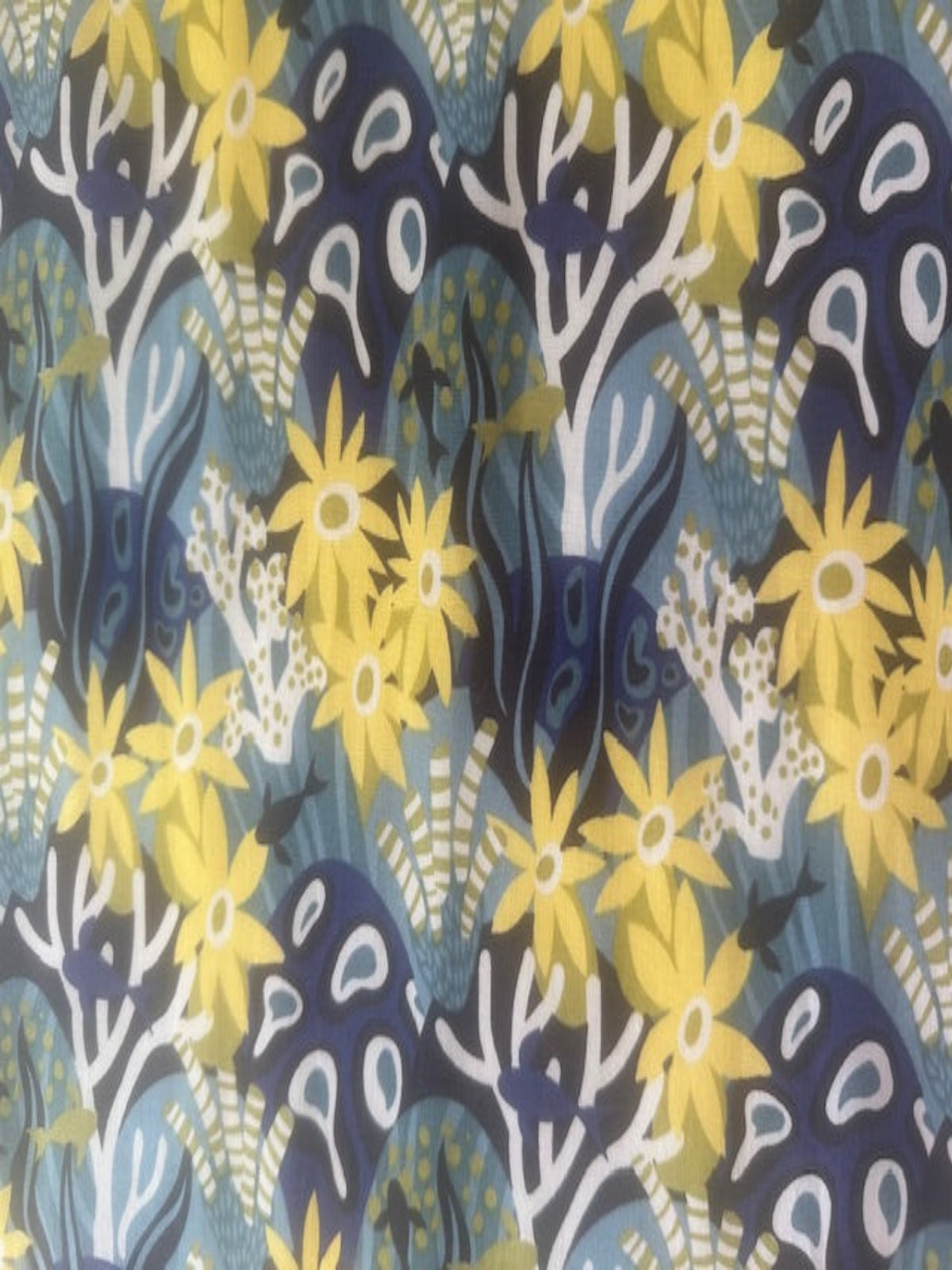 Lemon/Blue Flower & Fish Print on Cotton Lawn