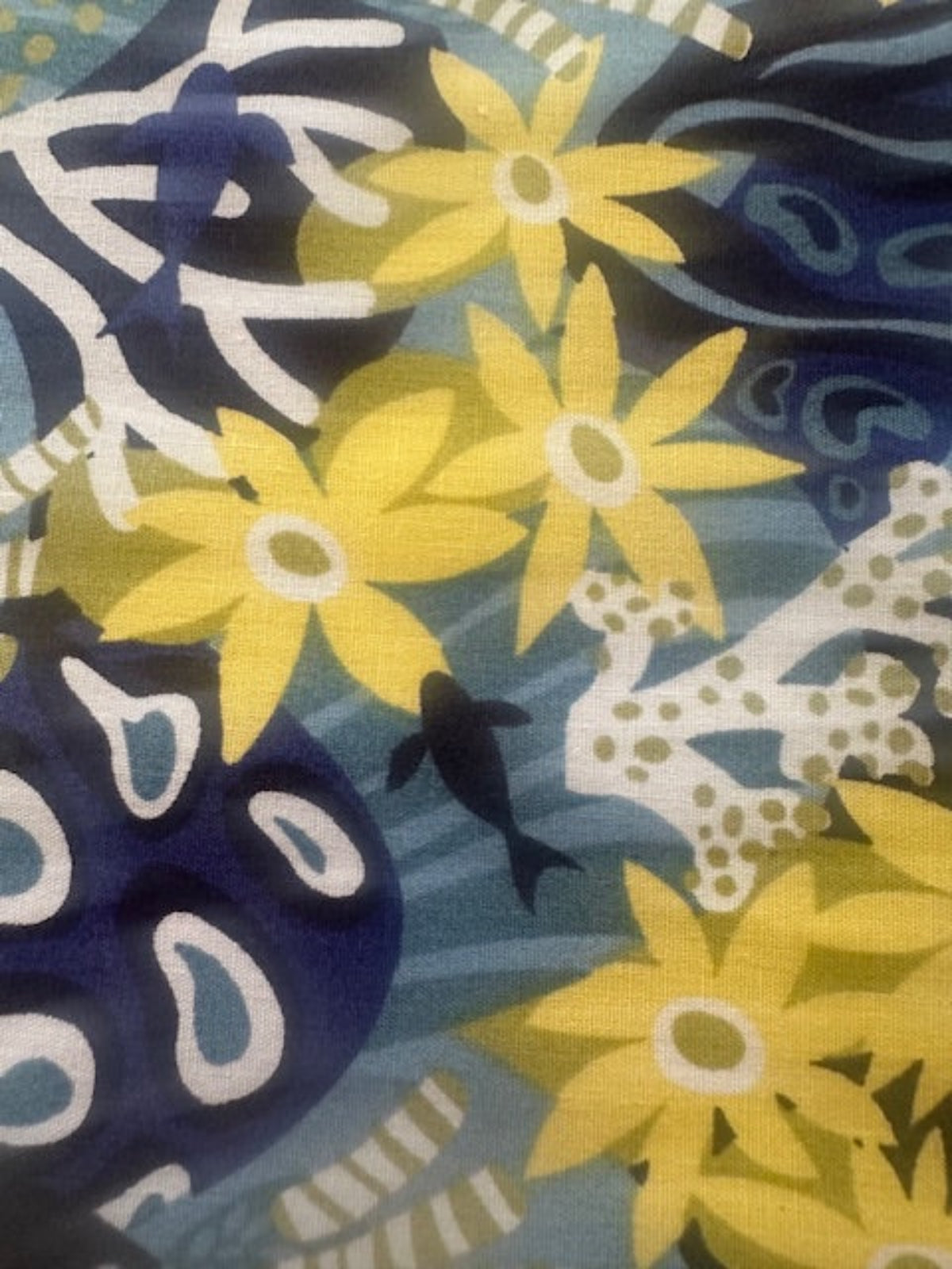 Lemon/Blue Flower & Fish Print on Cotton Lawn