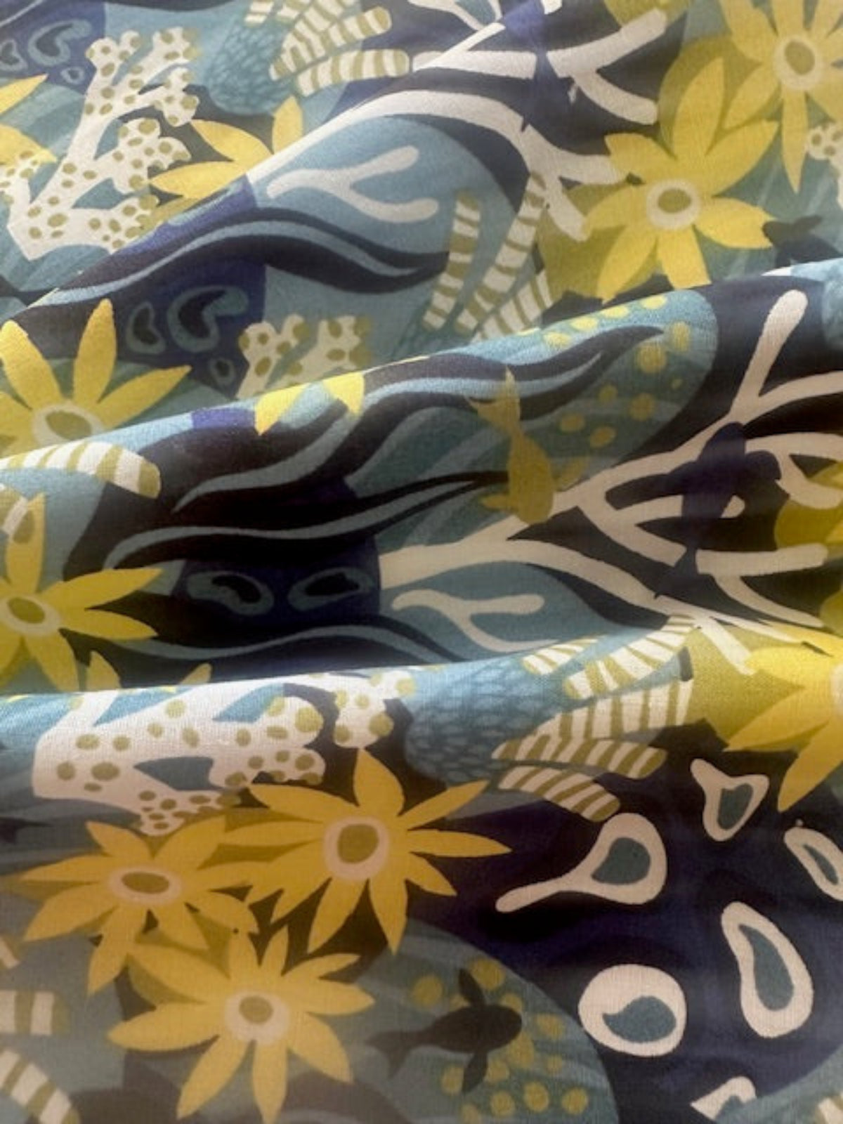 Lemon/Blue Flower & Fish Print on Cotton Lawn