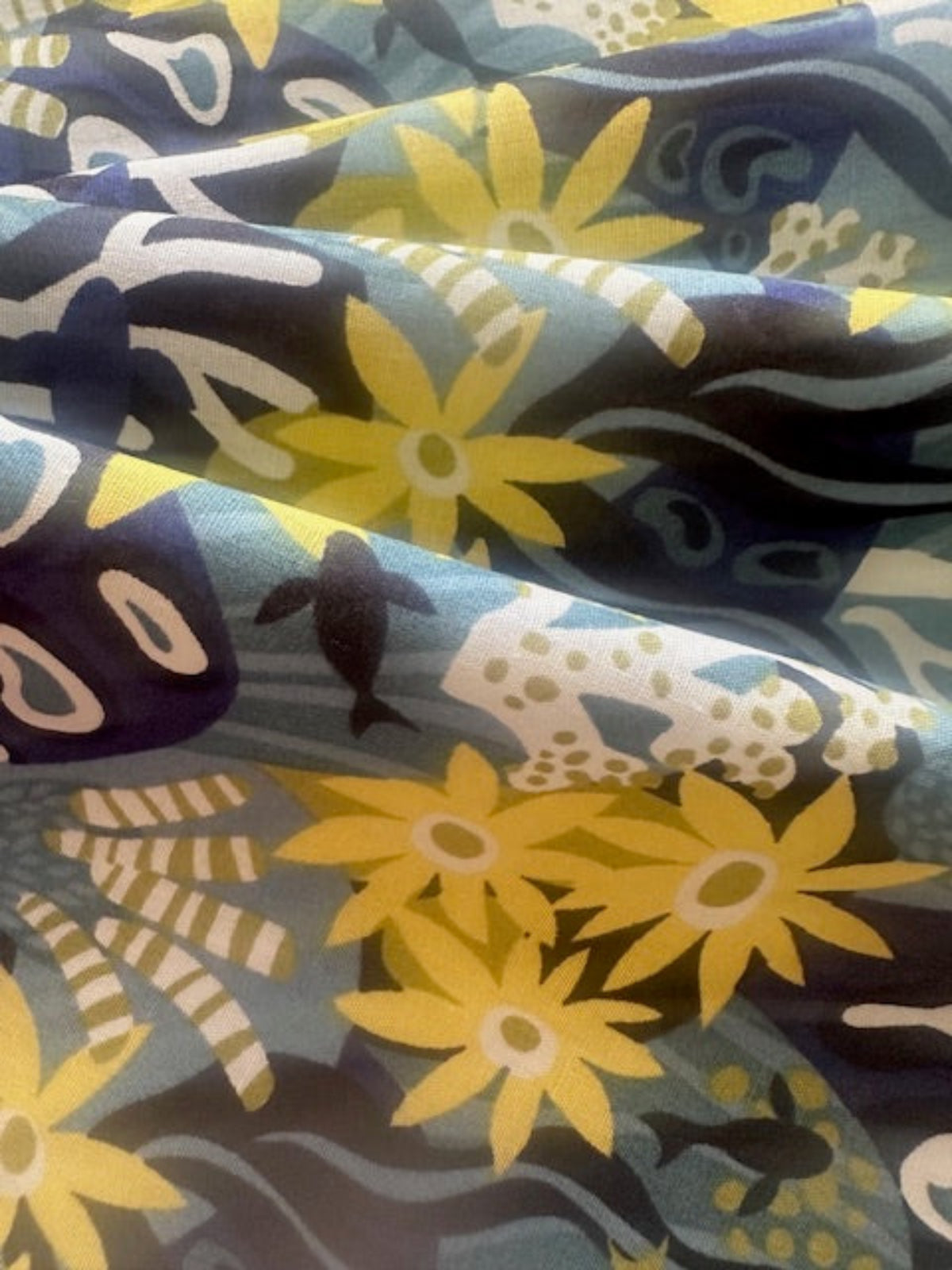 Lemon/Blue Flower & Fish Print on Cotton Lawn