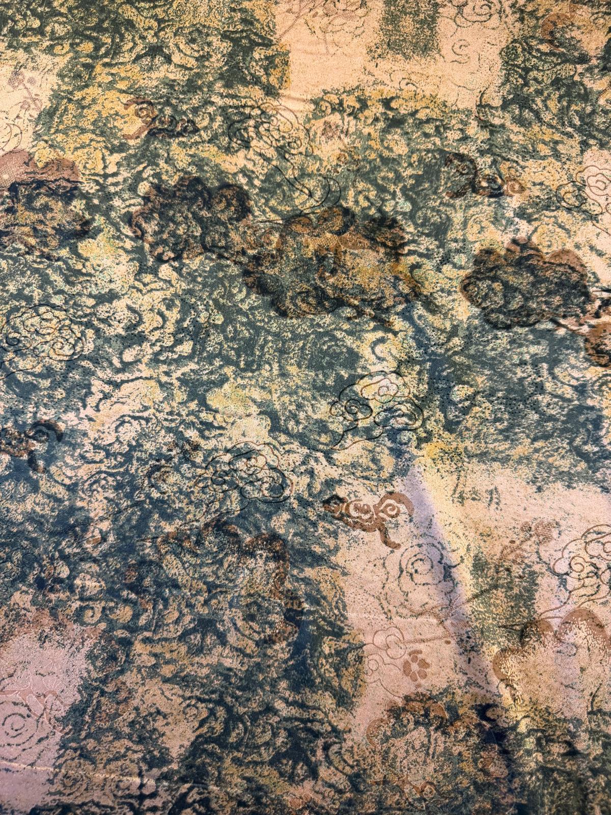 Cream Chinoiserie Polyester Satin Fabric on Green | 140cm Wide