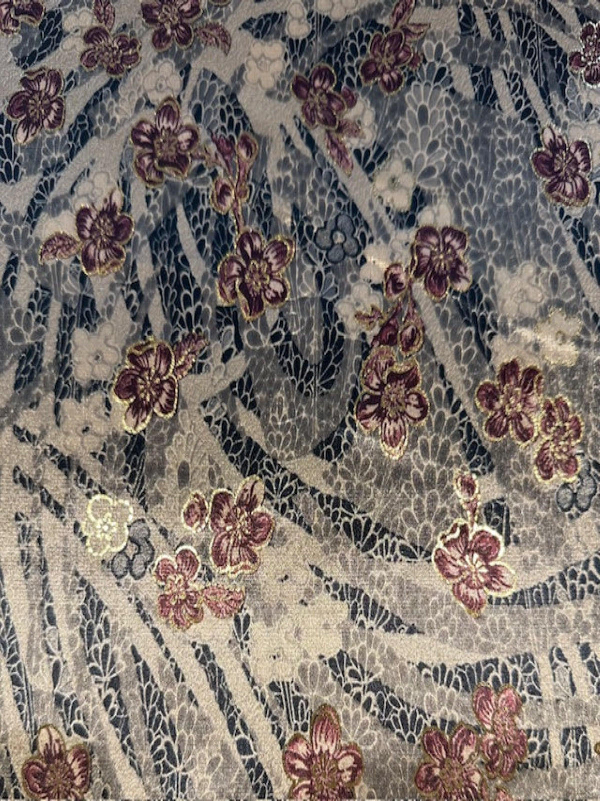 Grey & Black Floral with Magenta Flower & Gold Lurex on Coffee Velvet