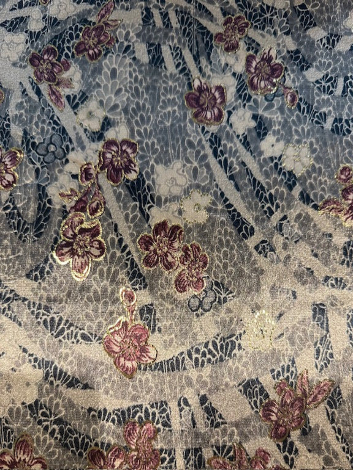 Grey & Black Floral with Magenta Flower & Gold Lurex on Coffee Velvet