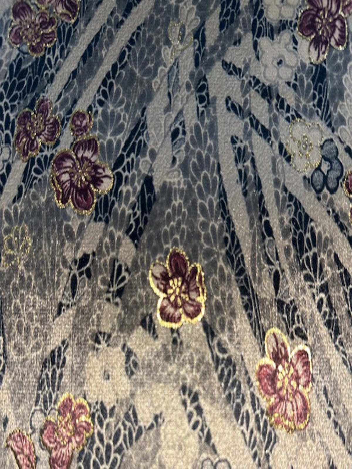 Grey & Black Floral with Magenta Flower & Gold Lurex on Coffee Velvet