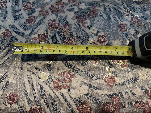 Grey & Black Floral with Magenta Flower & Gold Lurex on Coffee Velvet