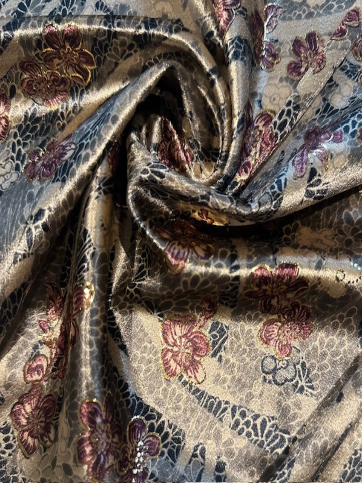 Grey & Black Floral with Magenta Flower & Gold Lurex on Coffee Velvet