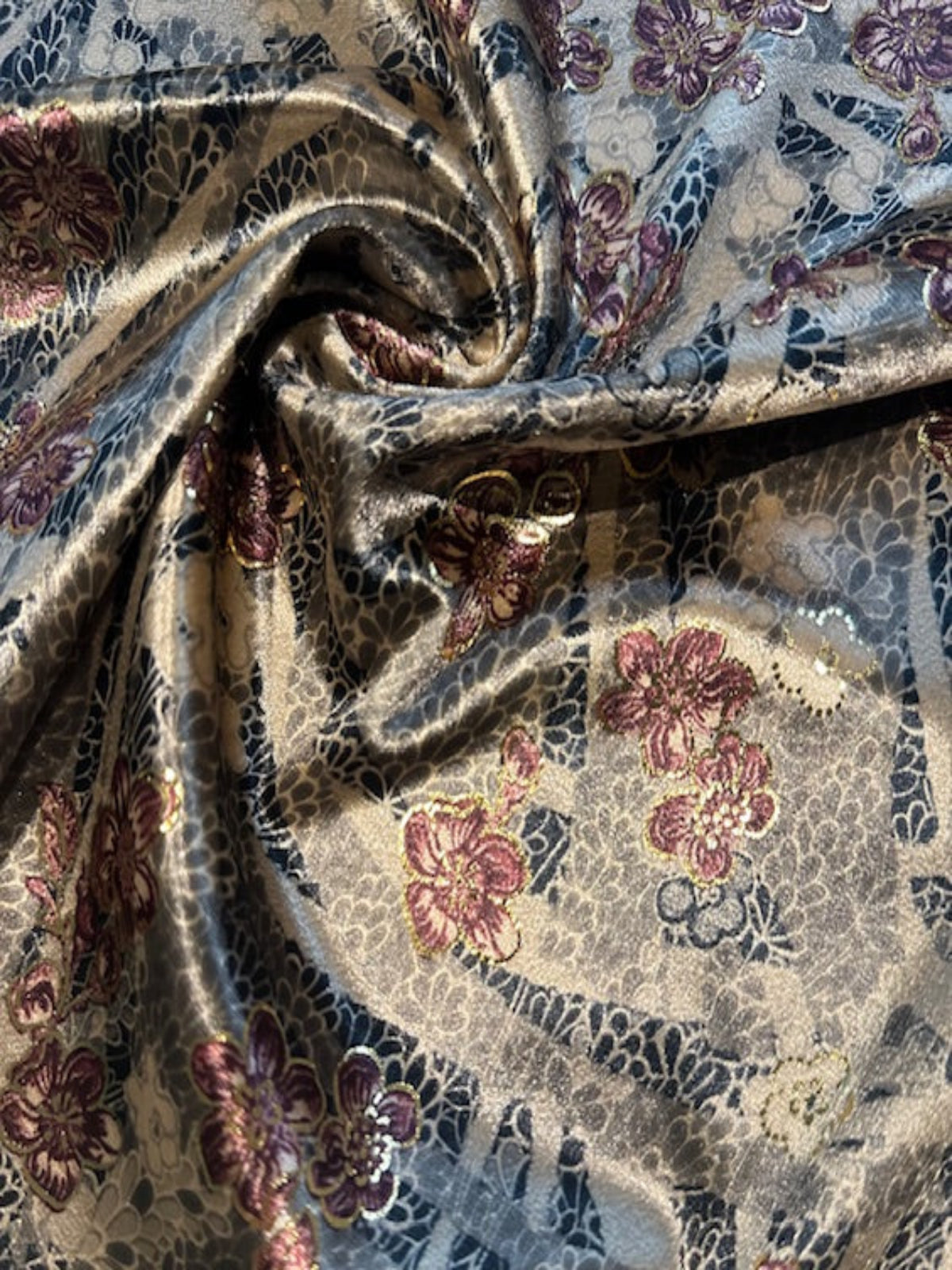 Grey & Black Floral with Magenta Flower & Gold Lurex on Coffee Velvet