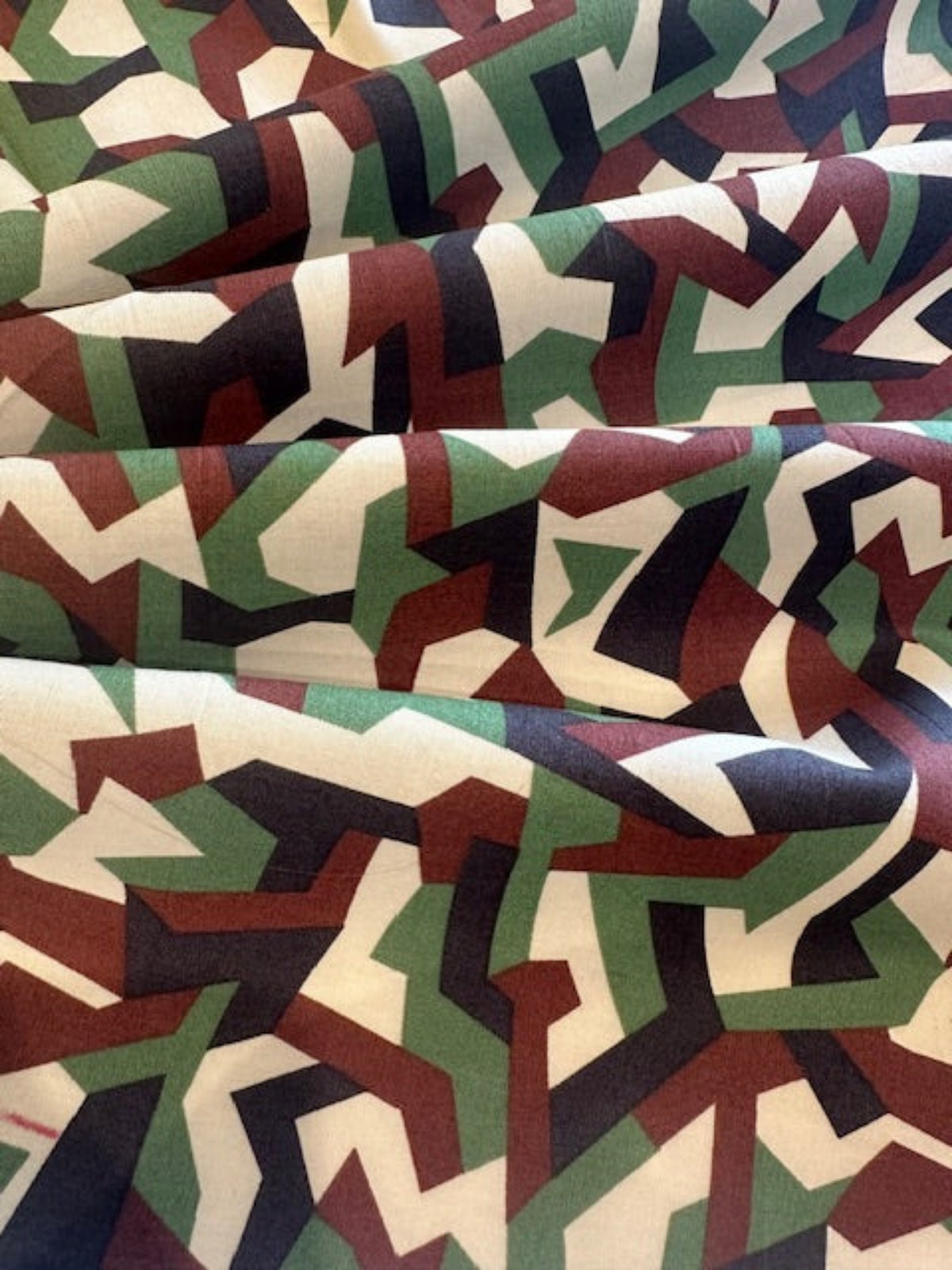 Geometric Camouflage Cream/Green Print on Cotton