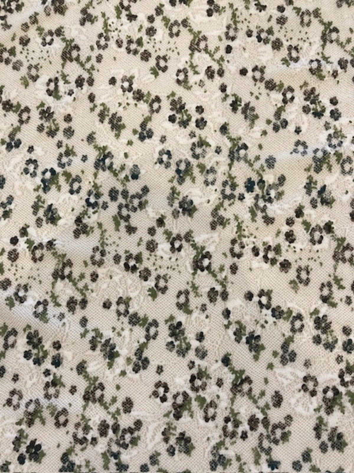 Ditsy Green/Black Flower on White Lace