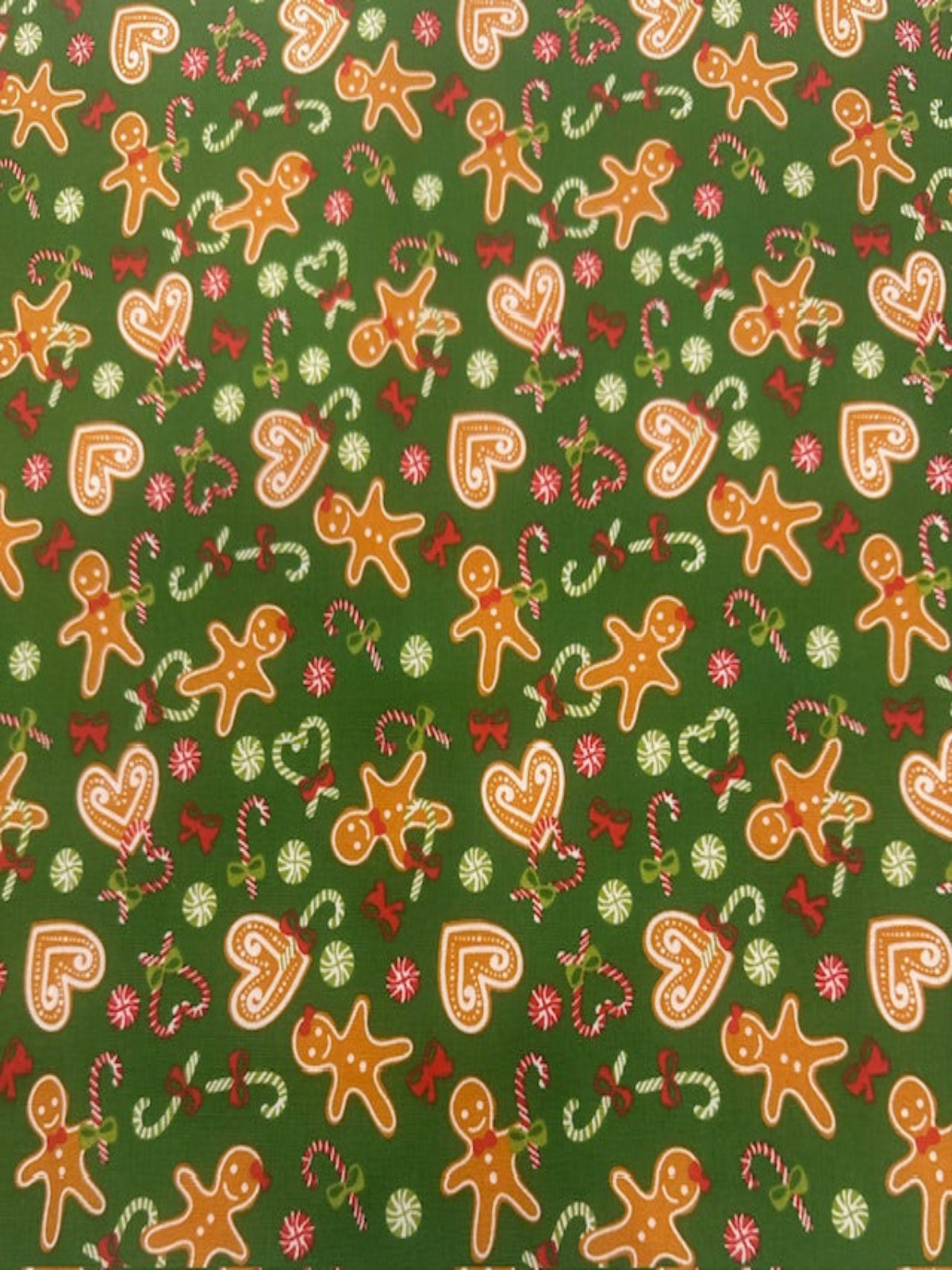 Christmas Gingerbread Hearts & Bows on Green Poly/Cotton