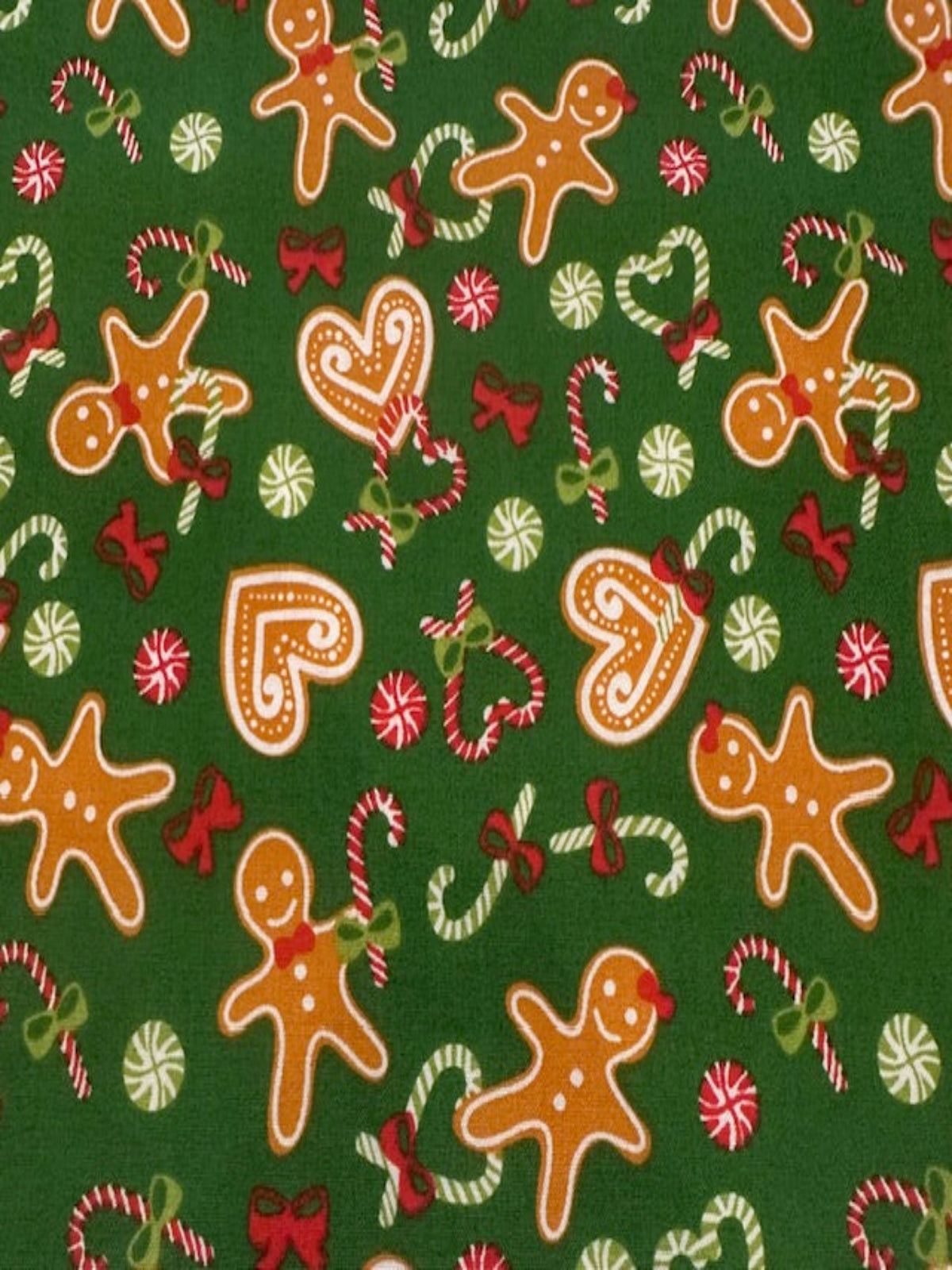 Christmas Gingerbread Hearts & Bows on Green Poly/Cotton