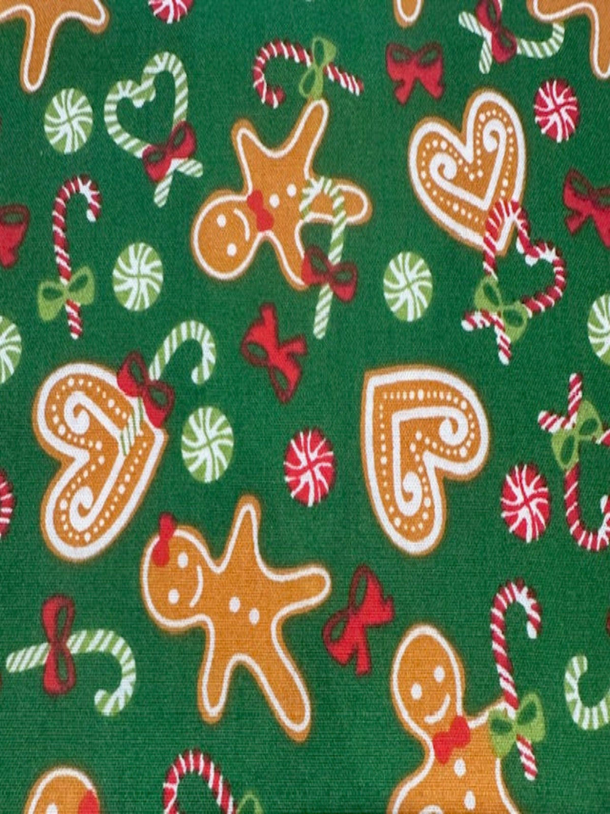 Christmas Gingerbread Hearts & Bows on Green Poly/Cotton