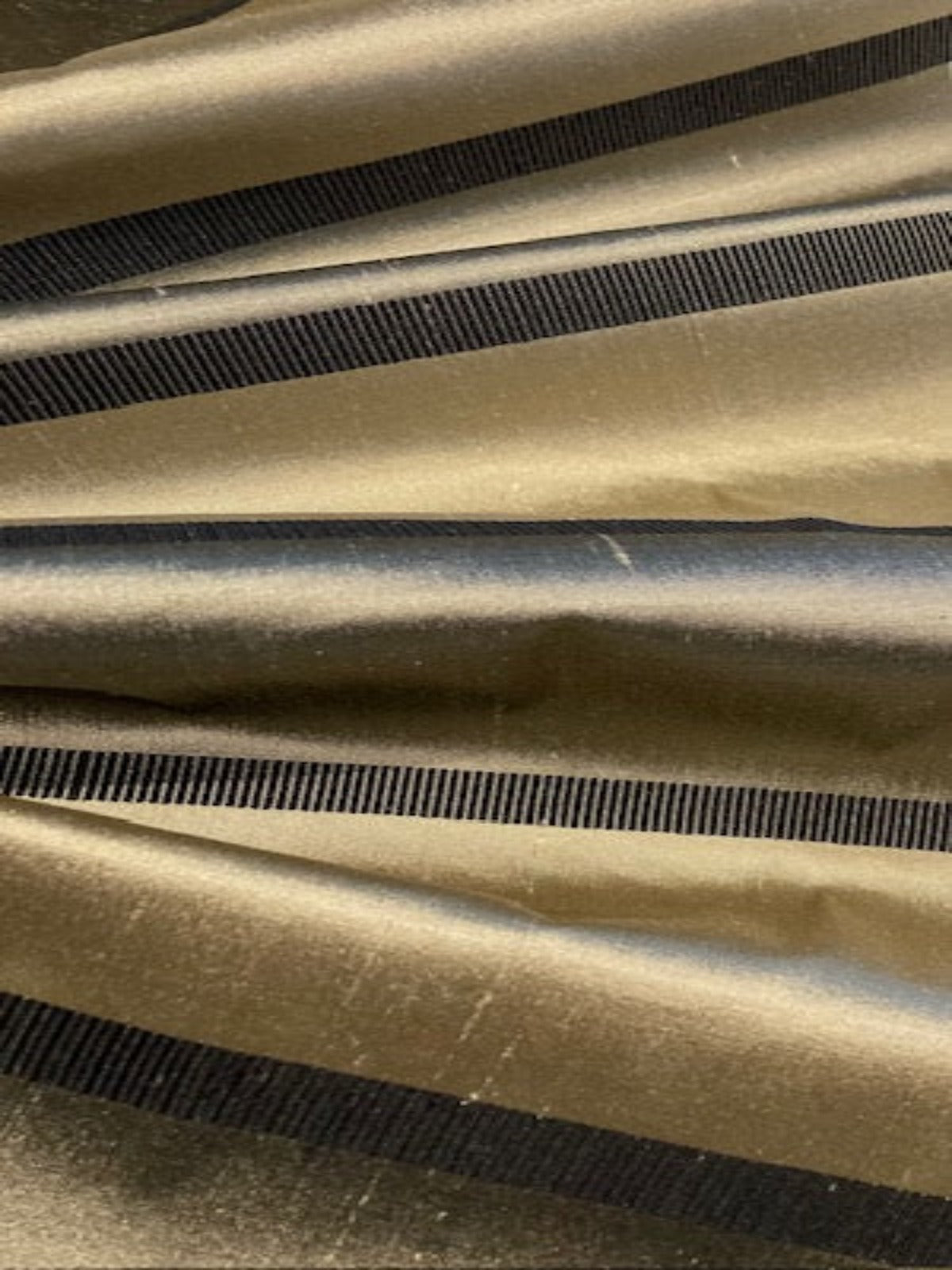 Golden Taupe Silk Dupion Irridescent Stripe with Ribboned Stripe running along the Fabric