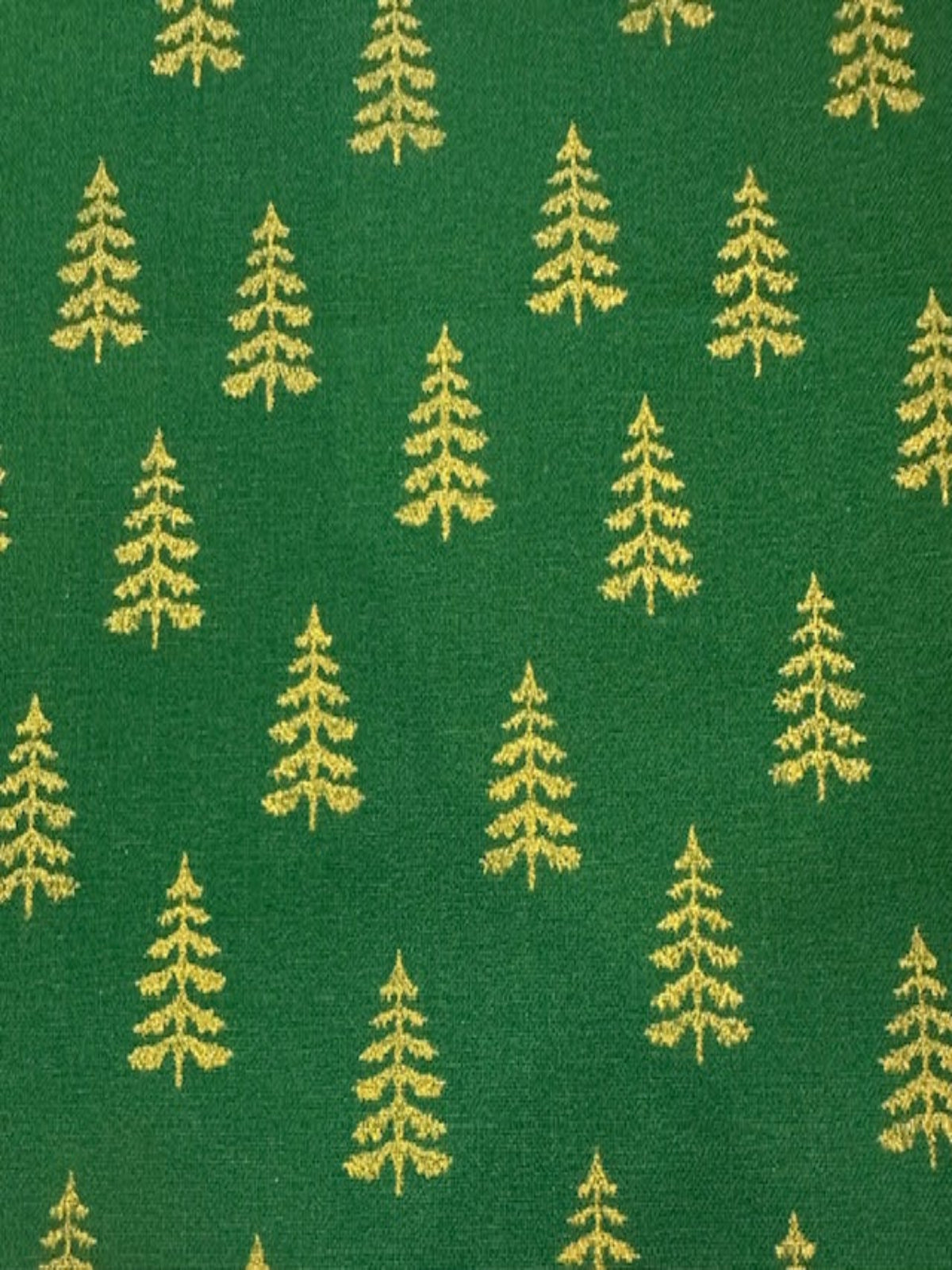 Simple Metallic Christmas Trees on Green Cotton