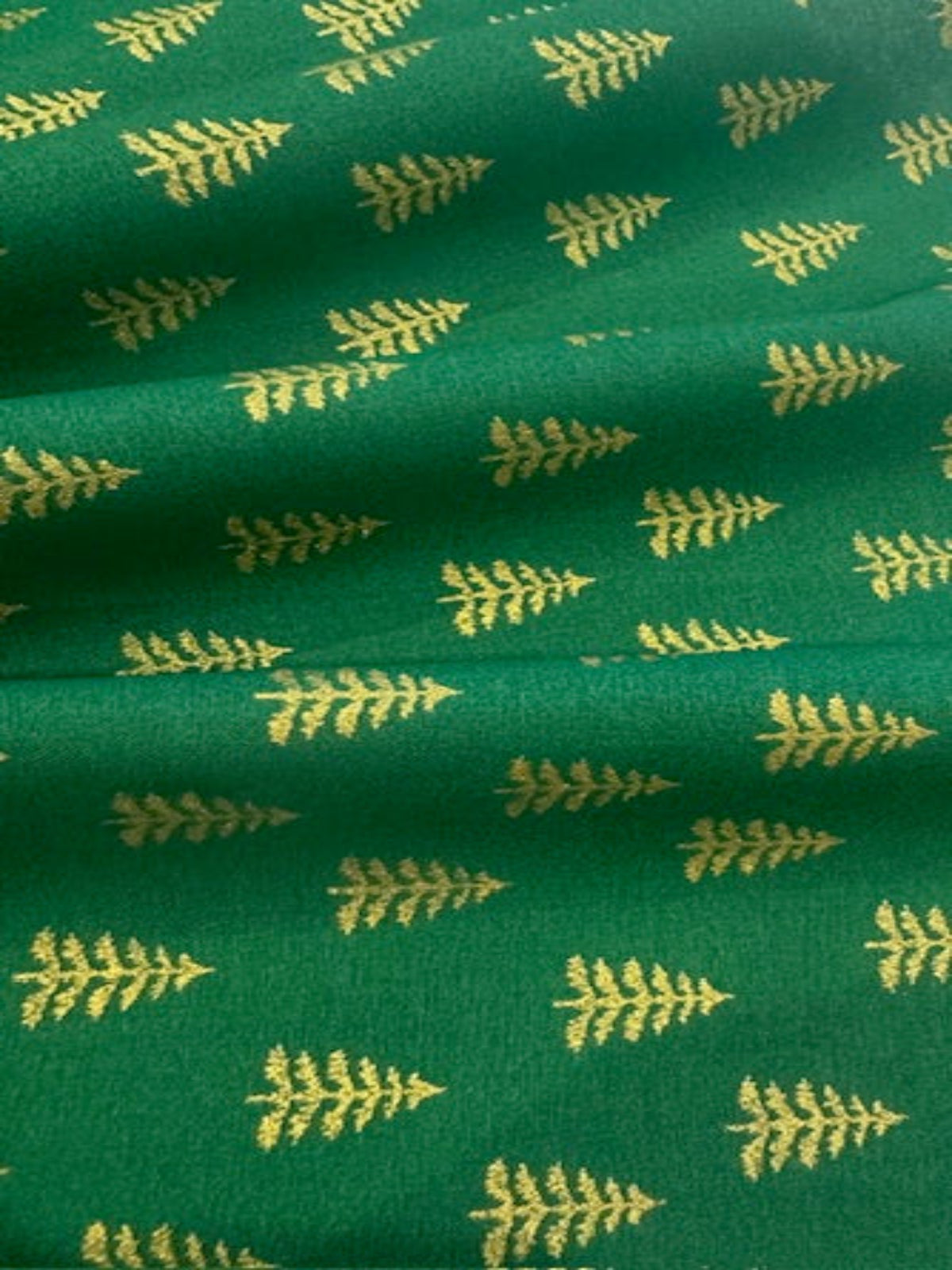 Simple Metallic Christmas Trees on Green Cotton