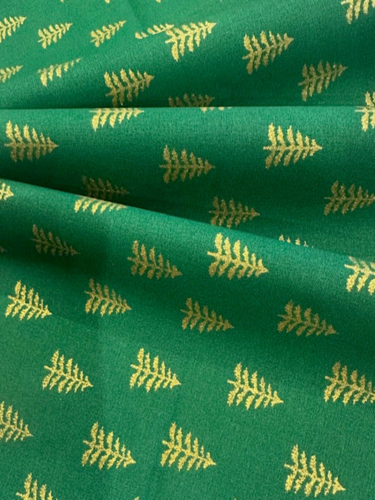 Simple Metallic Christmas Trees on Green Cotton