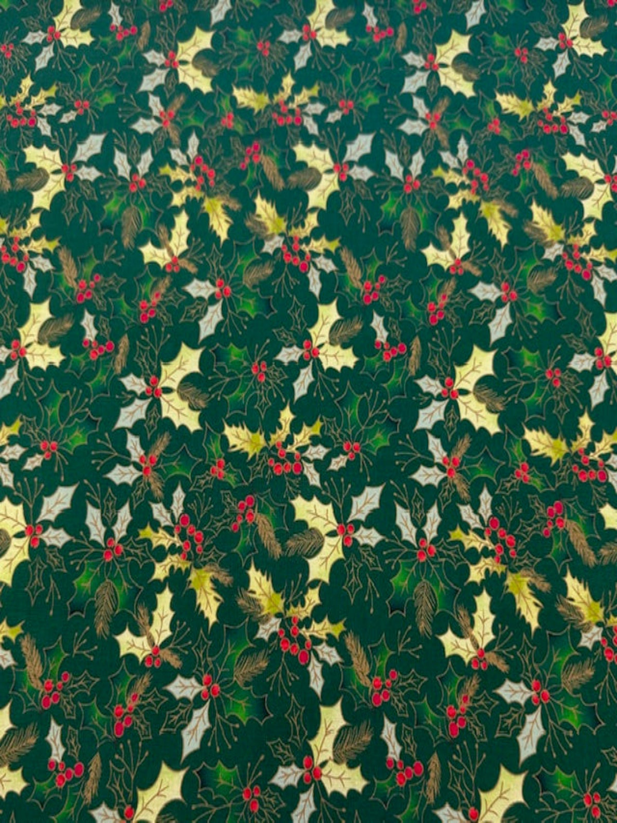 Christmas Green Hollies on Green Cotton