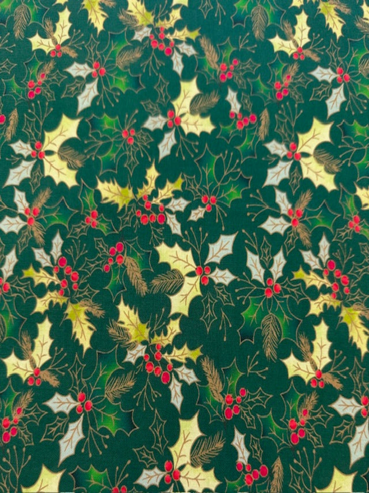 Christmas Green Hollies on Green Cotton