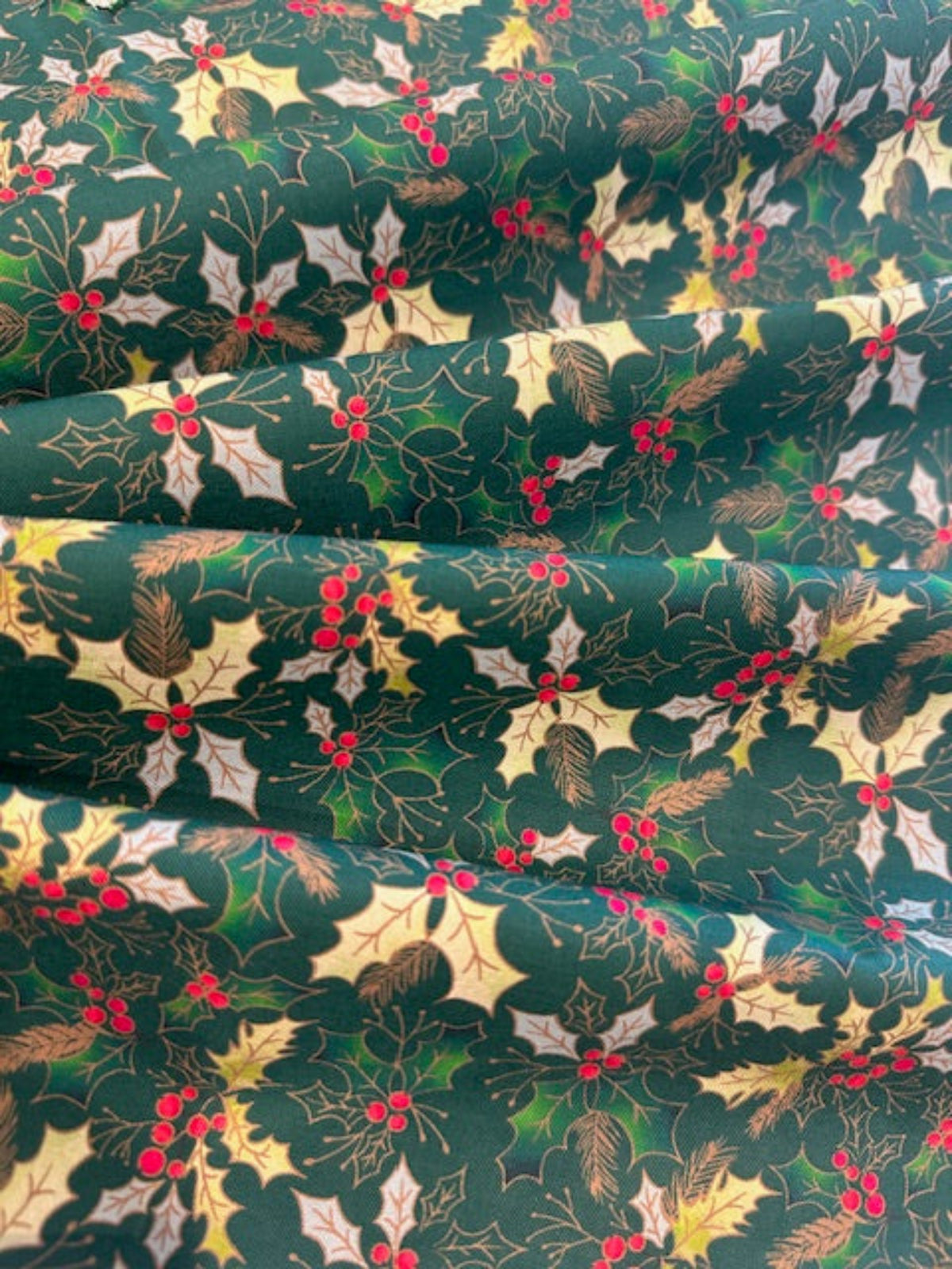 Christmas Green Hollies on Green Cotton