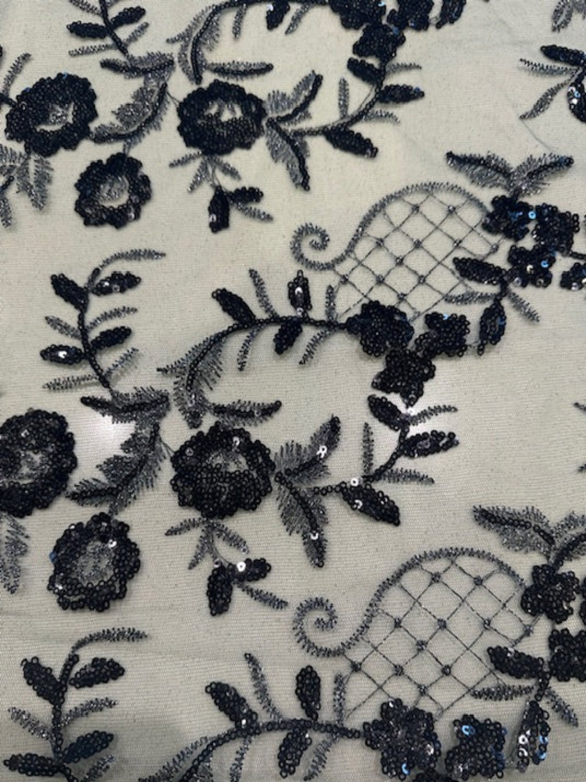 Black/Silver Trailing Flower with Lattice on Bottle Green Mesh