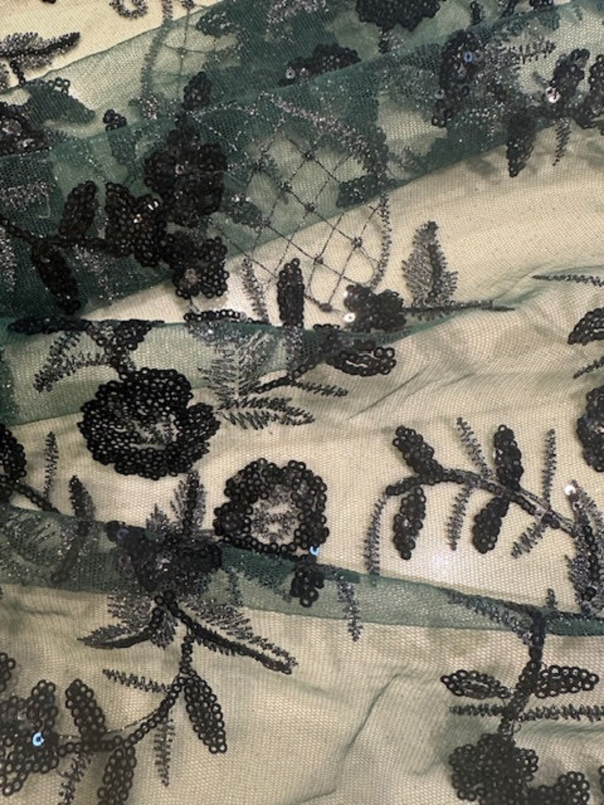 Black/Silver Trailing Flower with Lattice on Bottle Green Mesh