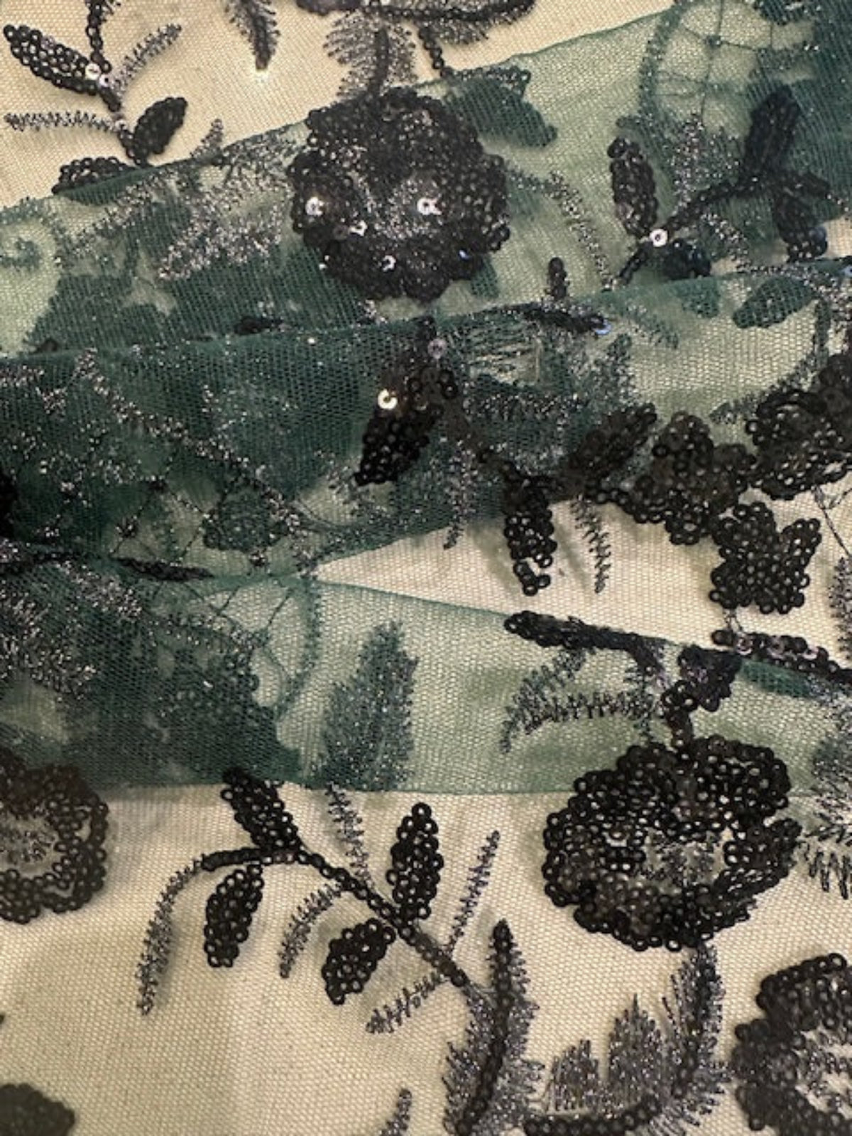 Black/Silver Trailing Flower with Lattice on Bottle Green Mesh