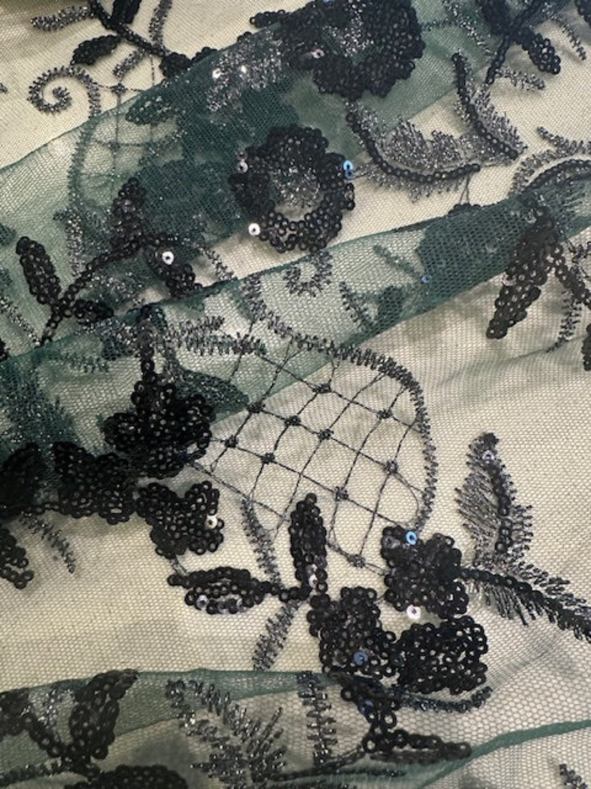 Black/Silver Trailing Flower with Lattice on Bottle Green Mesh