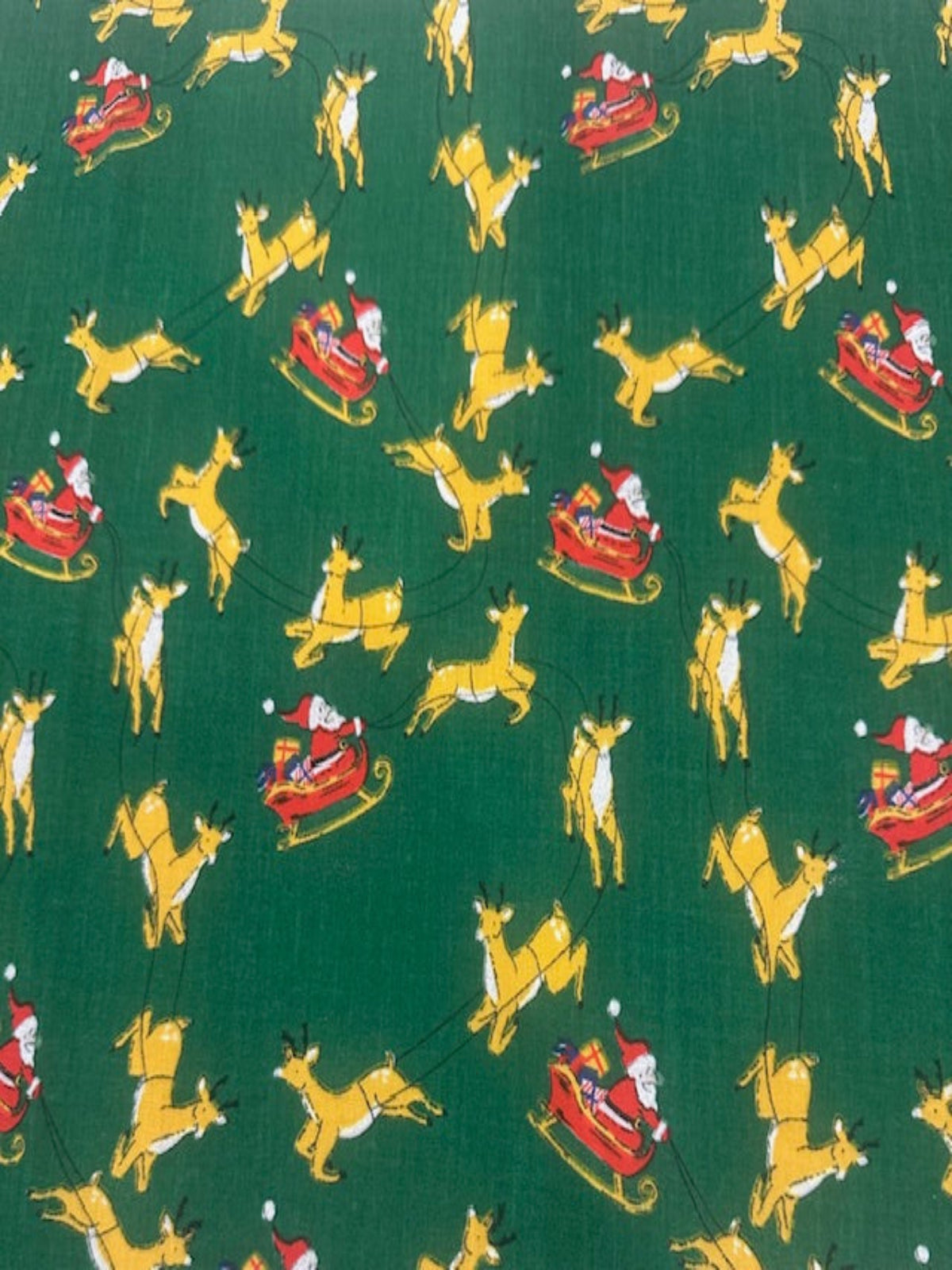 Santa Sleigh & Reindeer on Green Poly/Cotton