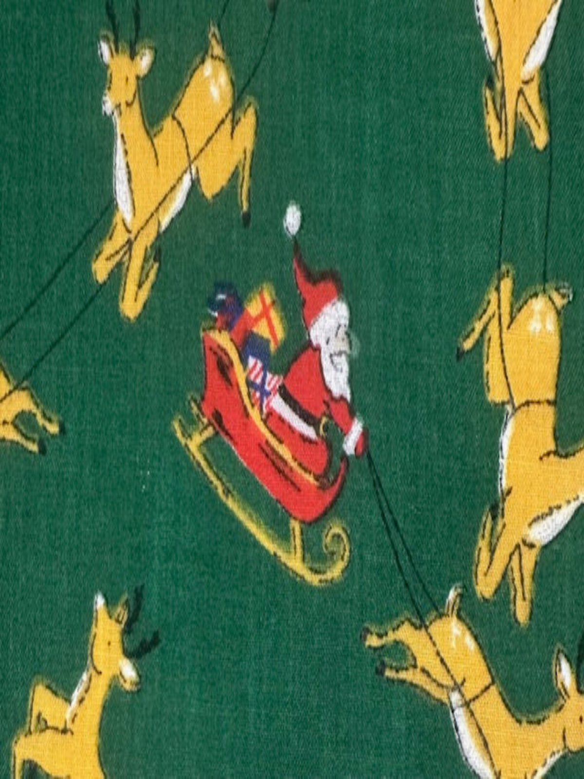 Santa Sleigh & Reindeer on Green Poly/Cotton
