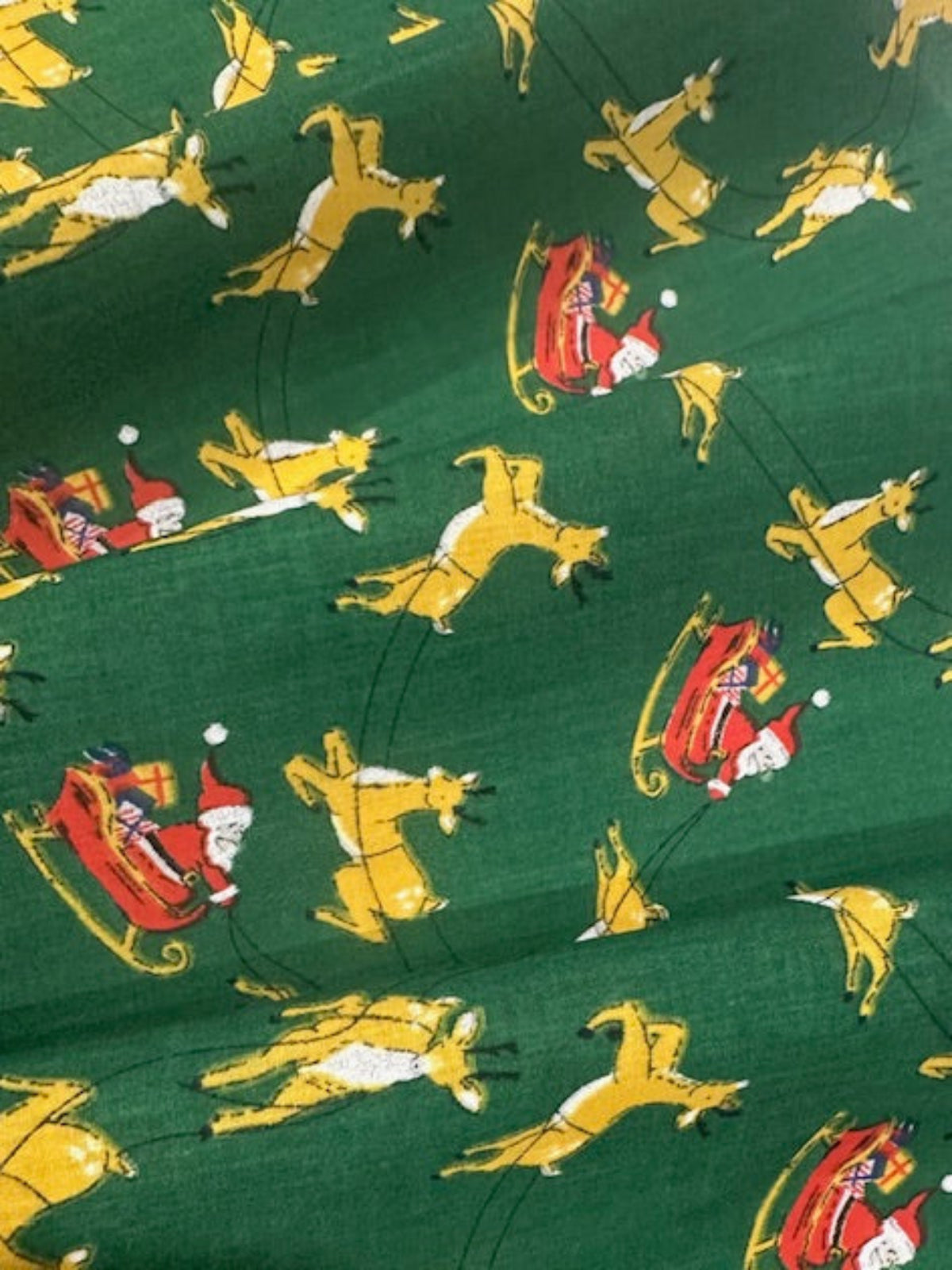 Santa Sleigh & Reindeer on Green Poly/Cotton