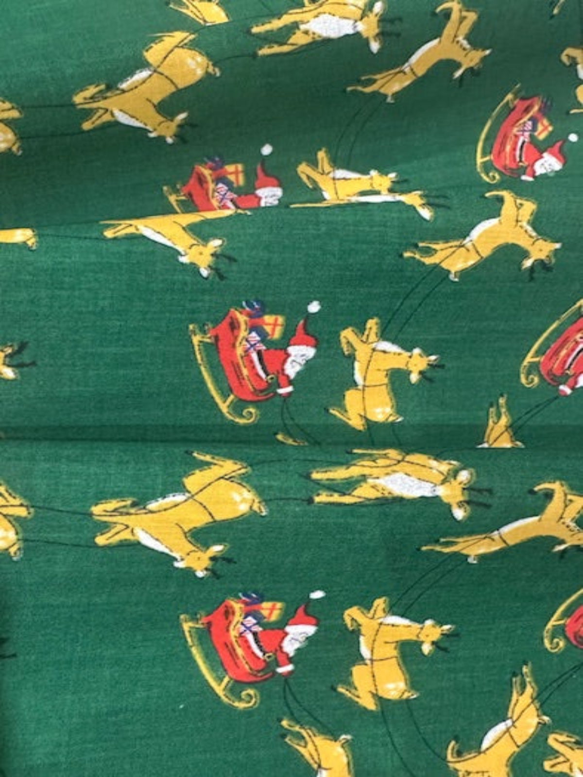 Santa Sleigh & Reindeer on Green Poly/Cotton