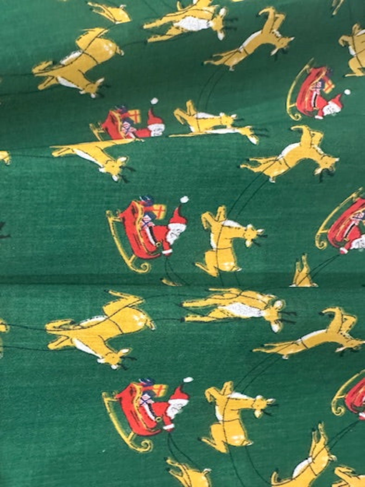 Santa Sleigh & Reindeer on Green Poly/Cotton