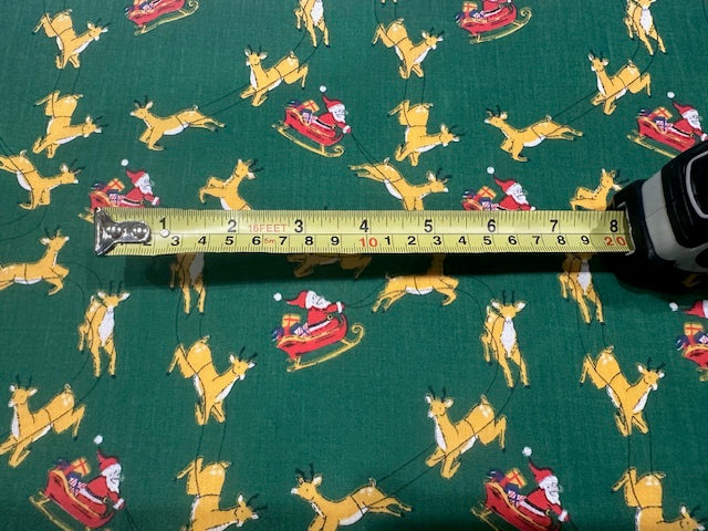 Santa Sleigh & Reindeer on Green Poly/Cotton
