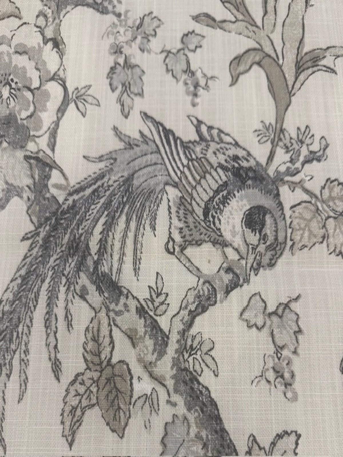 Cream & Grey Floral & Bird Linen Look Furnishing. "Renaissance"- Porter & Stone.