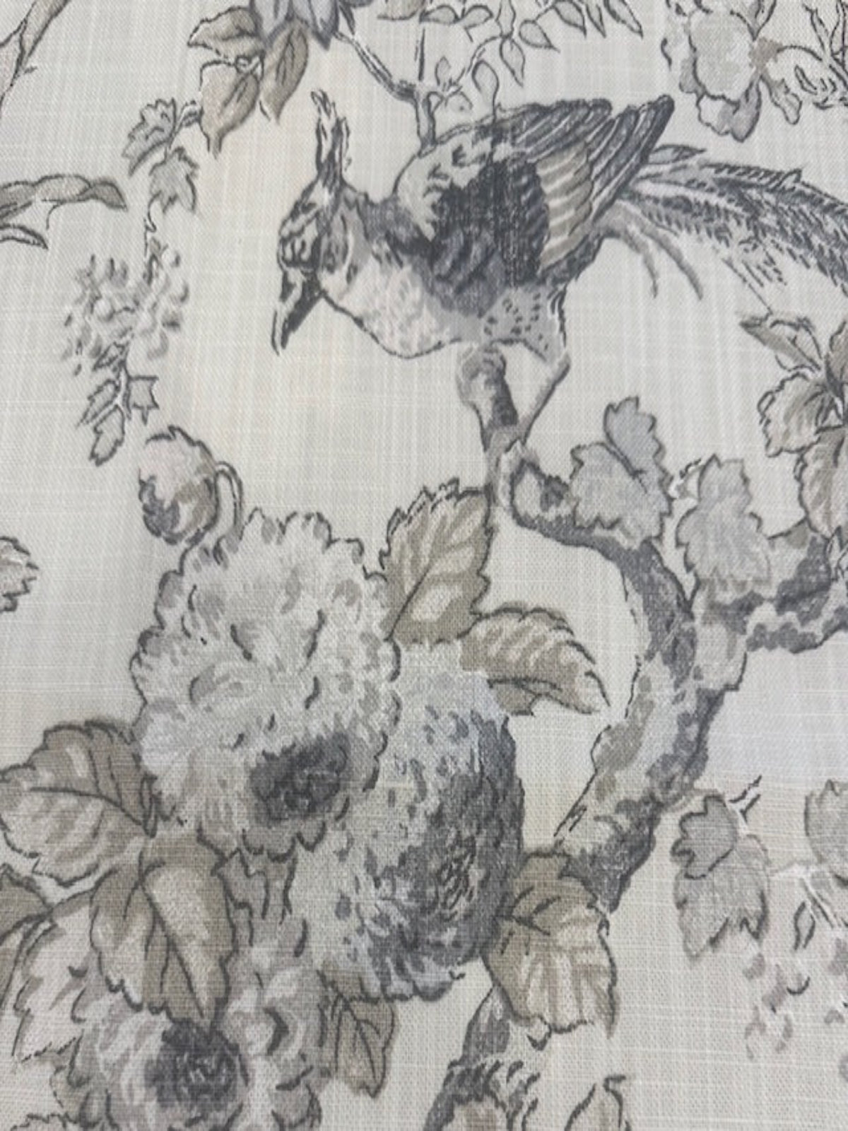 Cream & Grey Floral & Bird Linen Look Furnishing. "Renaissance"- Porter & Stone.