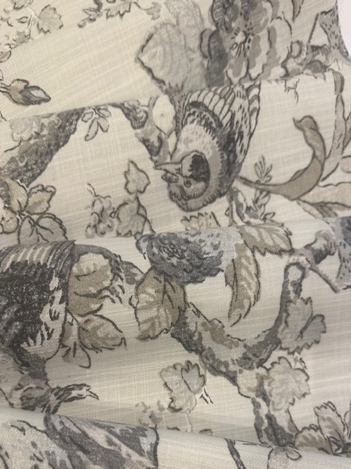 Cream & Grey Floral & Bird Linen Look Furnishing. "Renaissance"- Porter & Stone.