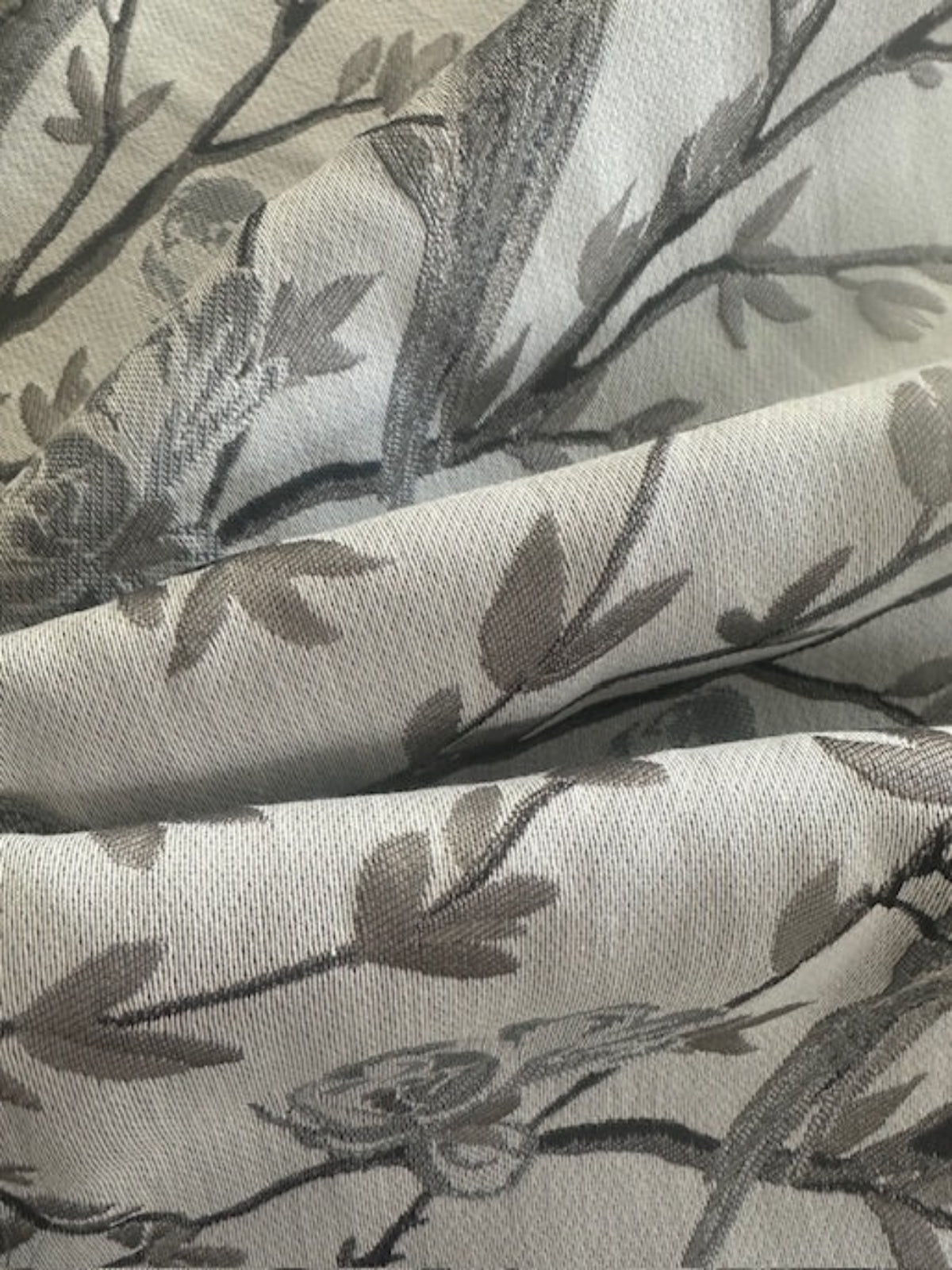 Mink Grey Jacquard Trailing Branches with Perching Birds Furnishing