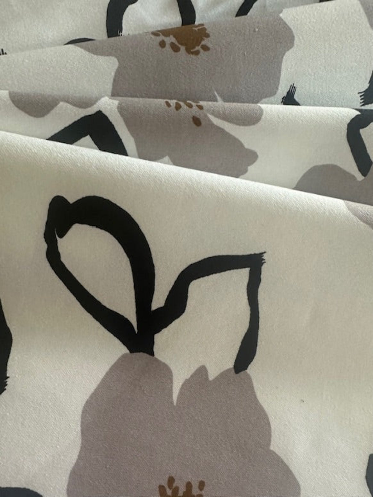 Grey & Black Sketchy Flower Print on Ivory Stretch Cotton