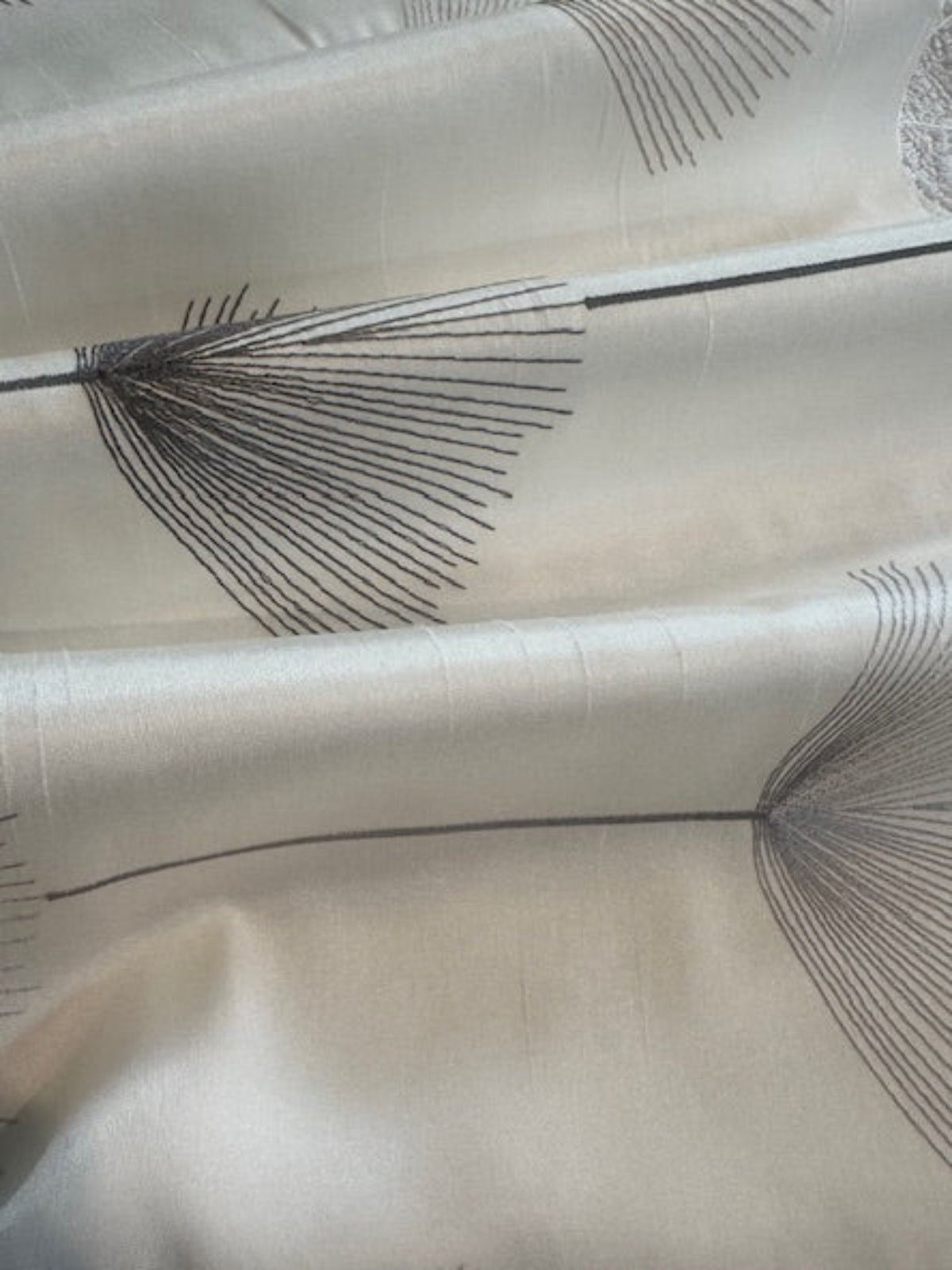 Charcoal Fan Plant Embroidery on Ivory Dupion