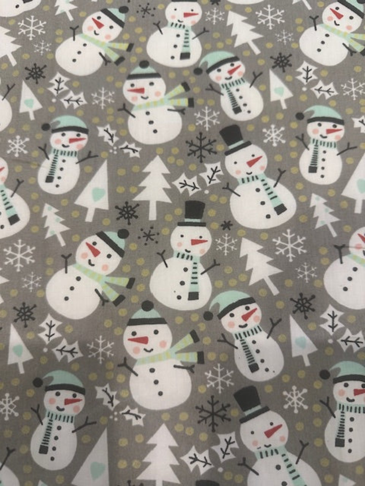 Snowman Christmas Trees and Snowflakes on Grey Cotton