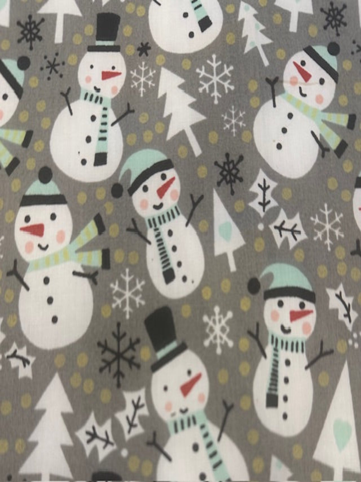 Snowman Christmas Trees & Snowflakes on Grey Cotton