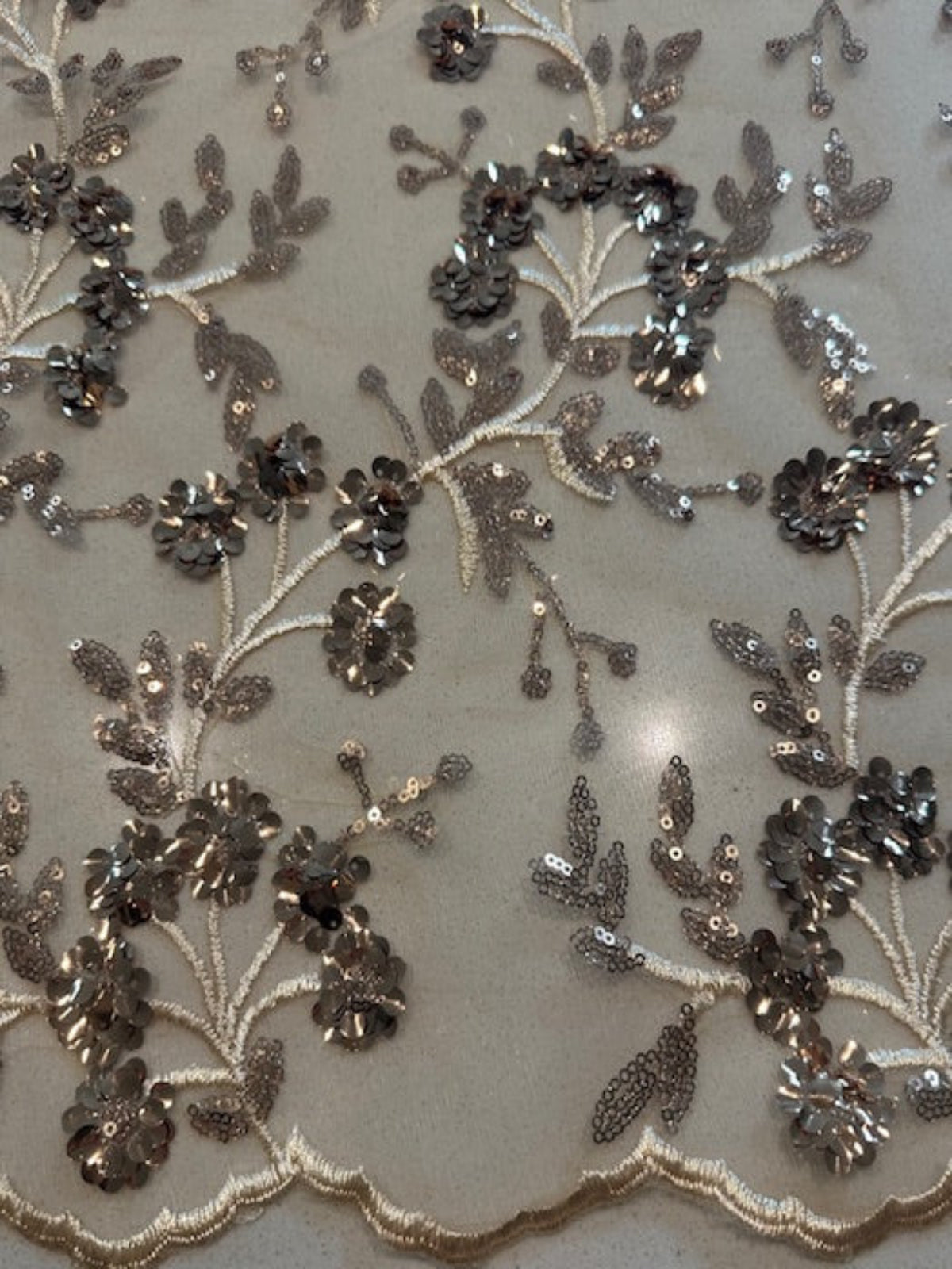 Gold Sequin and Embroidery On Mesh with Scalloped Edge