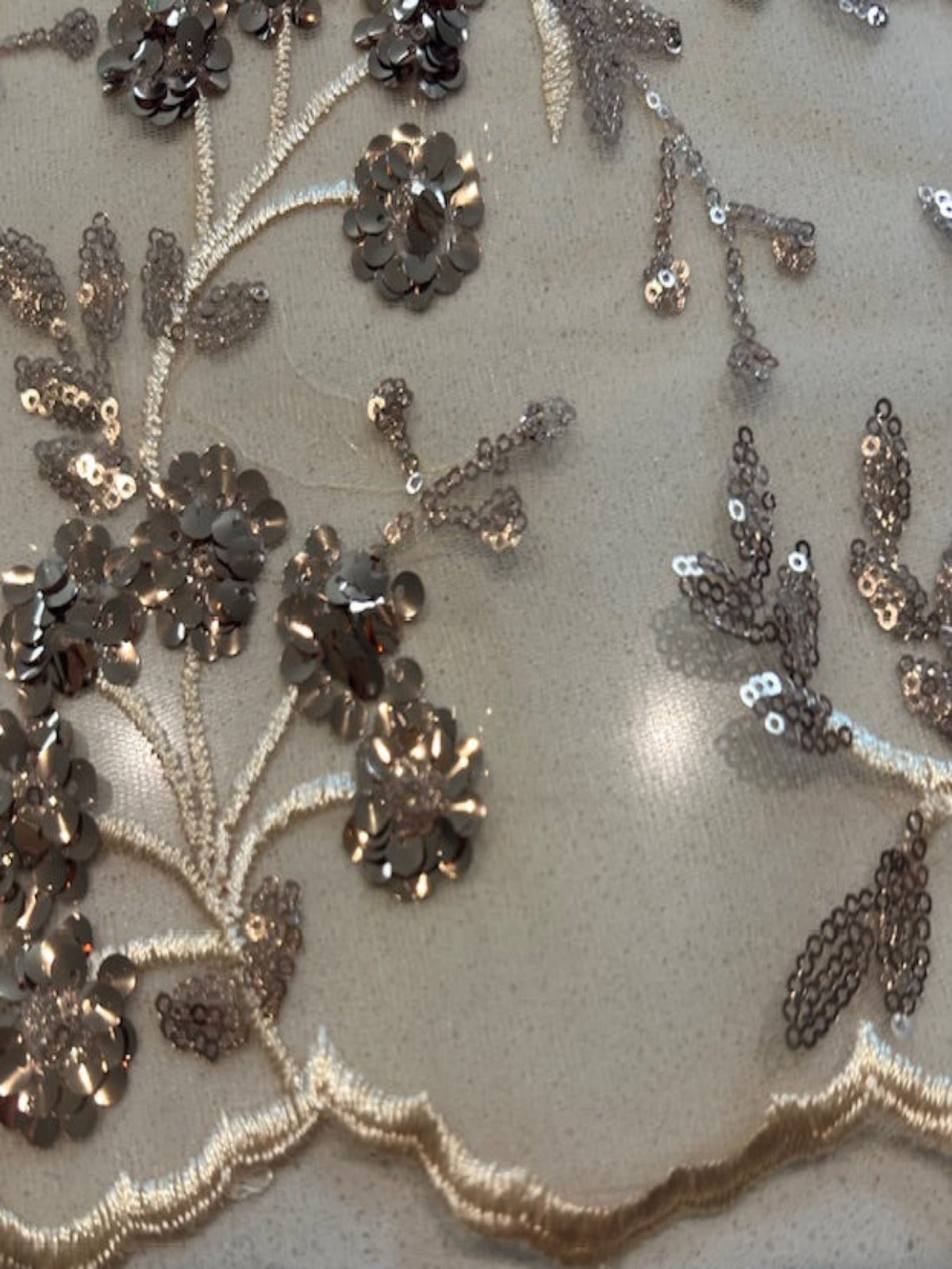 Gold Sequin and Embroidery On Mesh with Scalloped Edge