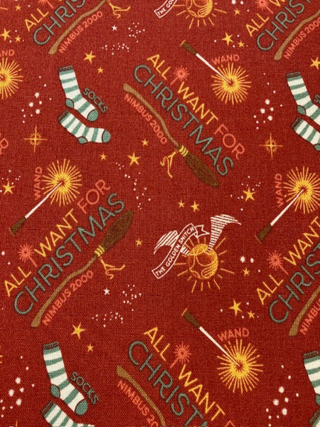"All I want for Christmas"/ Nimbus 2000 on Red Cotton Poplin