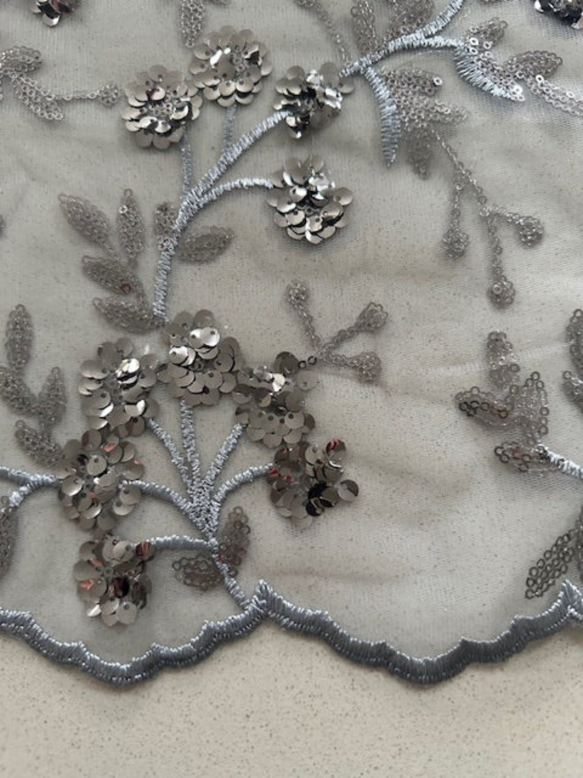 Silver Sequin & Embroidery Trailing Floral on Mesh